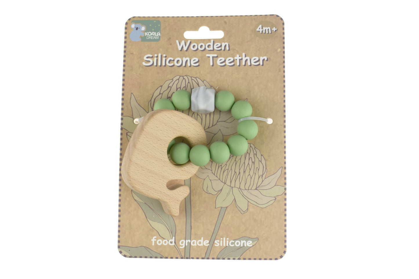 WOODEN SILICONE WHALE TEETHER-GREEN