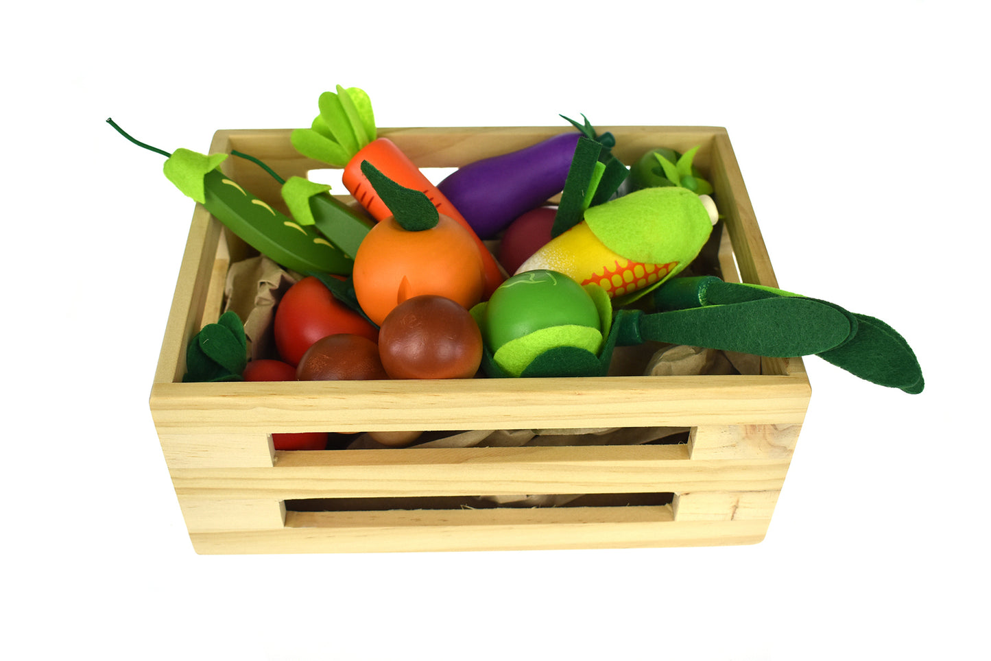 WOODEN VEGETABLES 15-PC SET WITH WOODEN CRATE