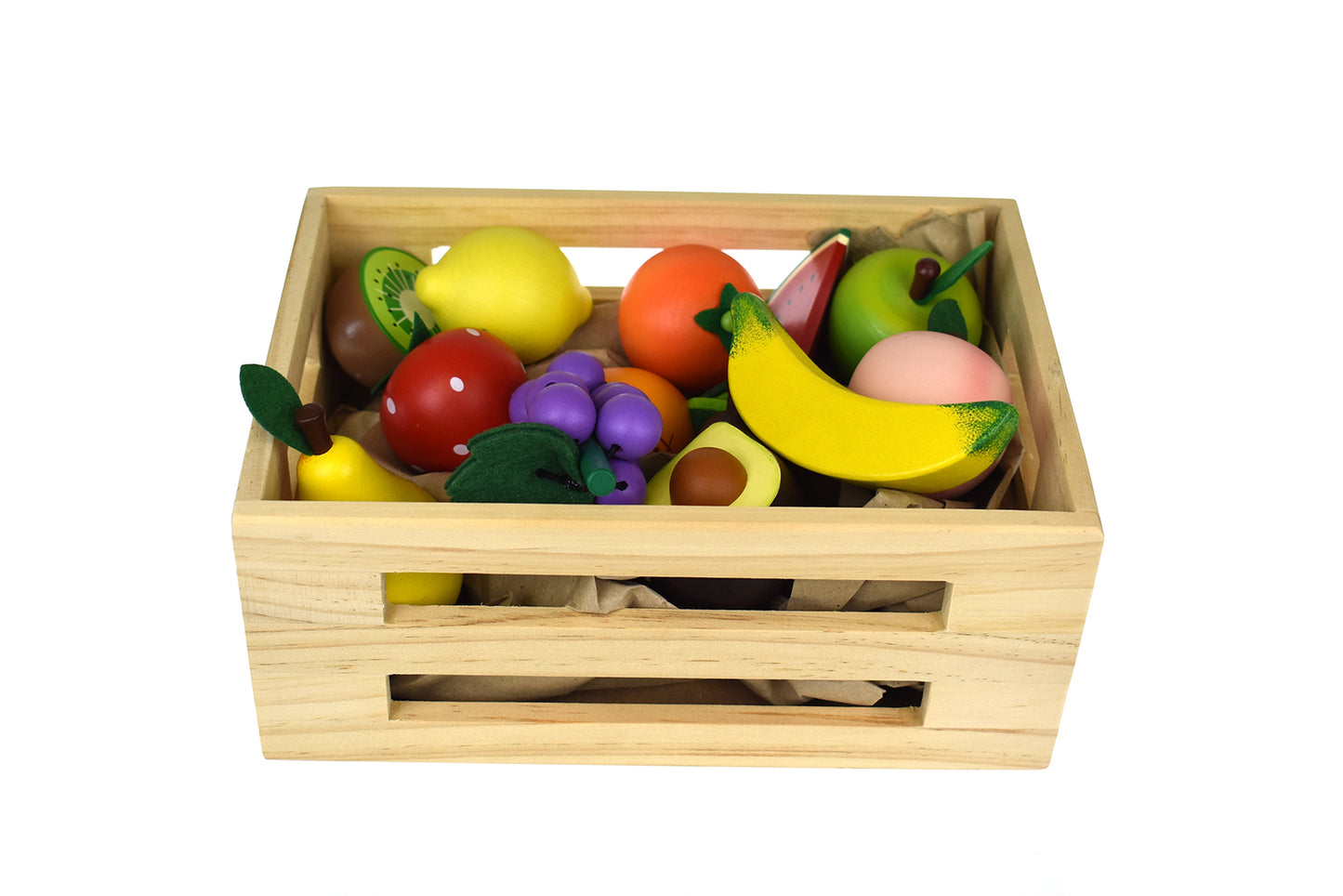 WOODEN FRUITS 10-PC SET WITH WOODEN CRATE