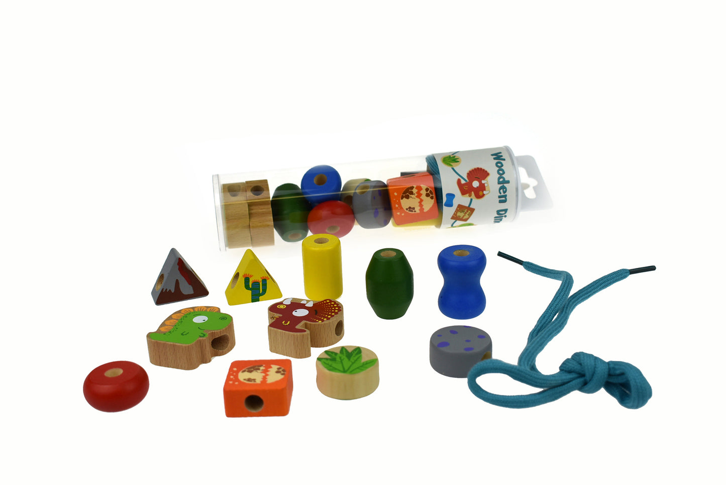 WOODEN DINOSAUR LACING BEAD SET IN TUBE