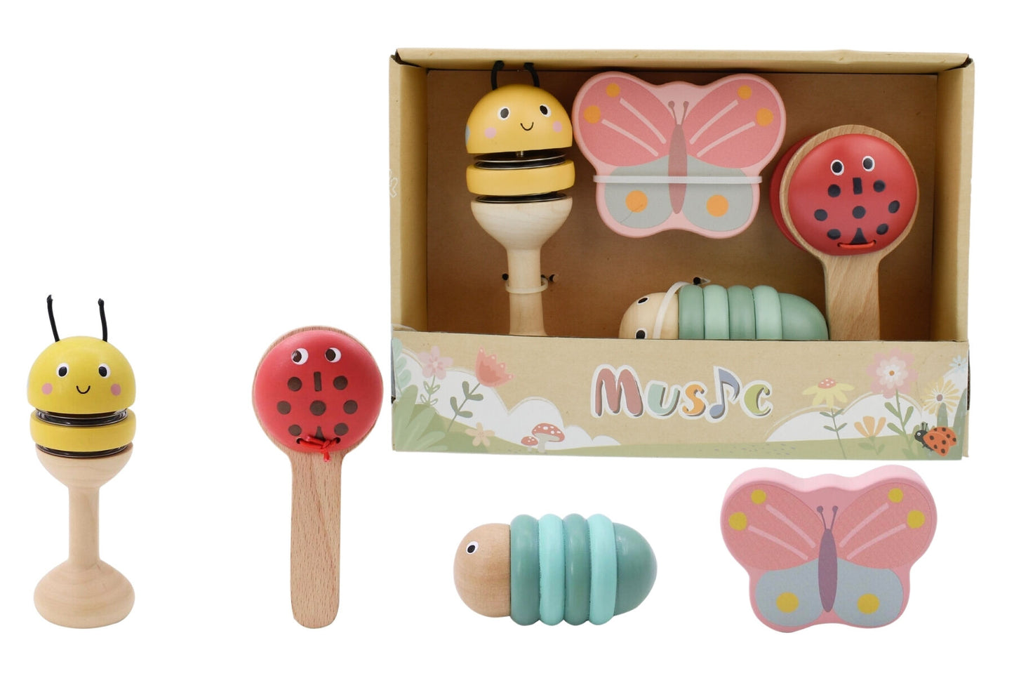WOODEN SPRING INSECT MUSIC SET 4 PC