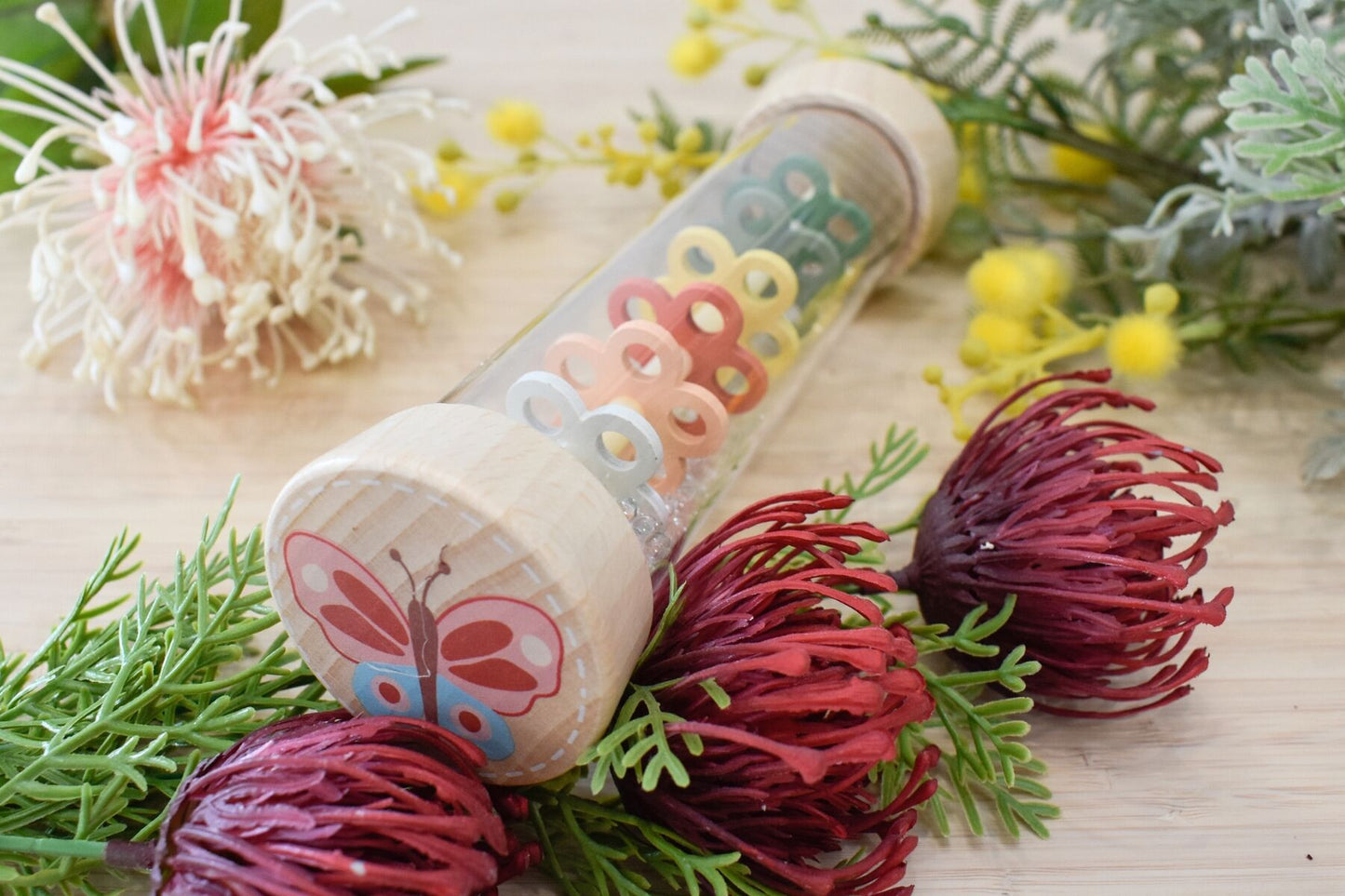 WOODEN SPRING INSECT RAINMAKER RATTLE BUTTERFLY AND BEE PACK OF 2