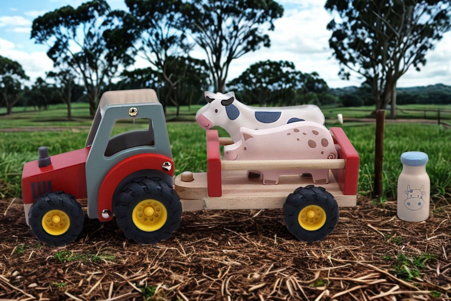 WOODEN TRACTOR WITH FARM ANIMAL RED