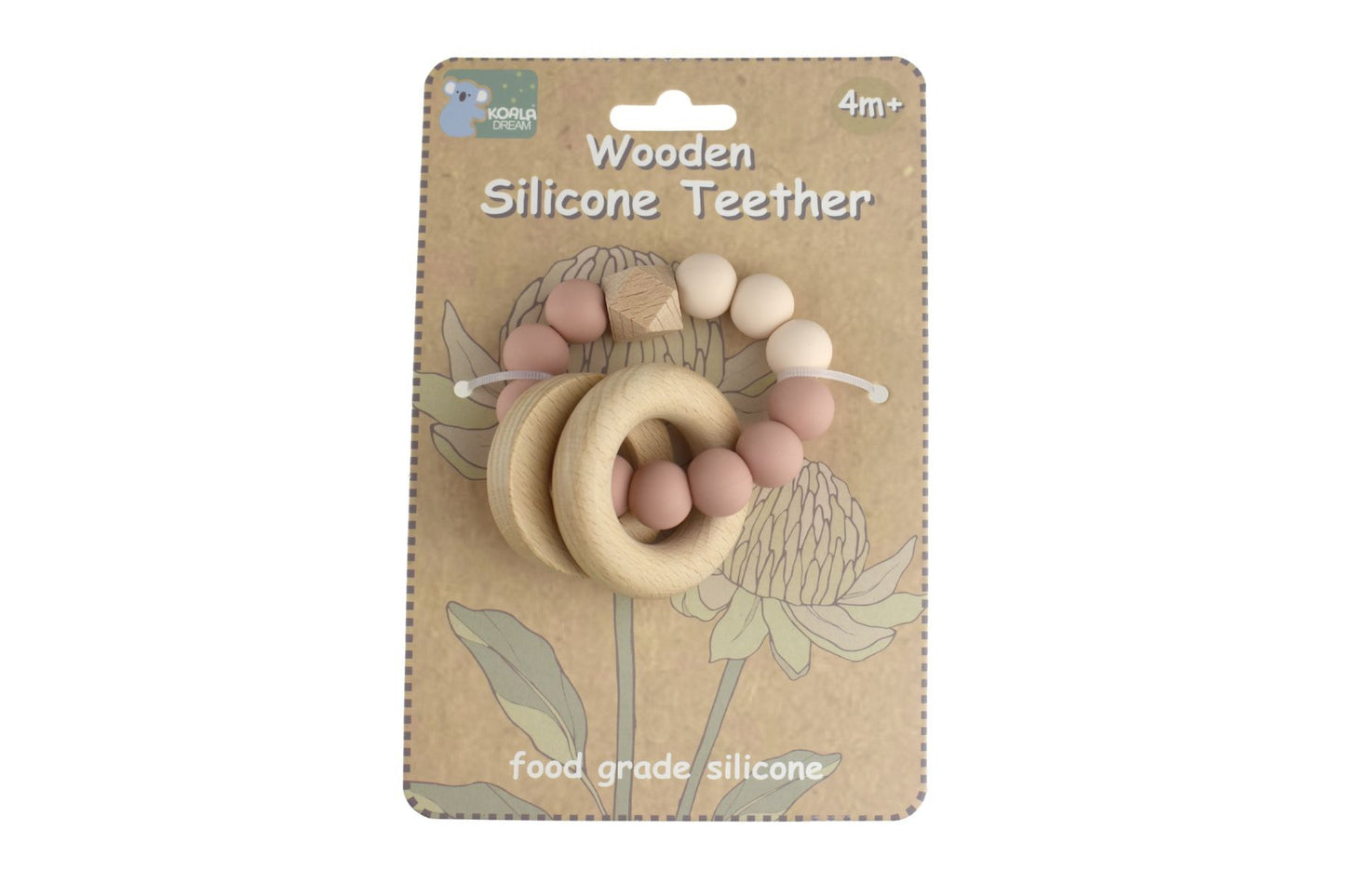 WOODEN SILICONE RINGS TEETHER-PINK