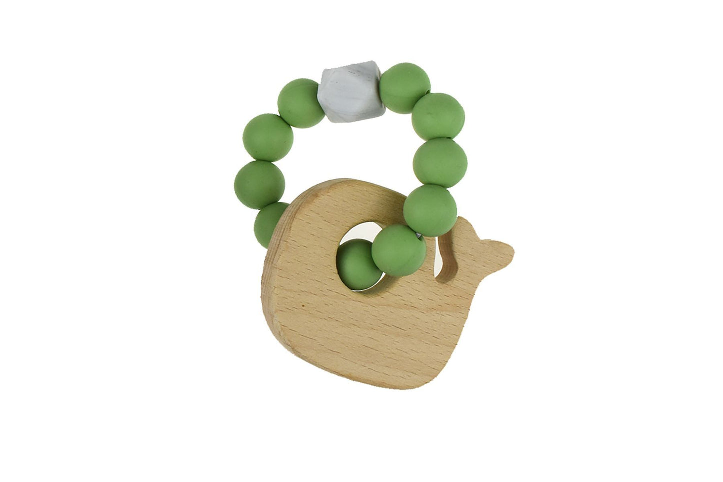 WOODEN SILICONE WHALE TEETHER-GREEN