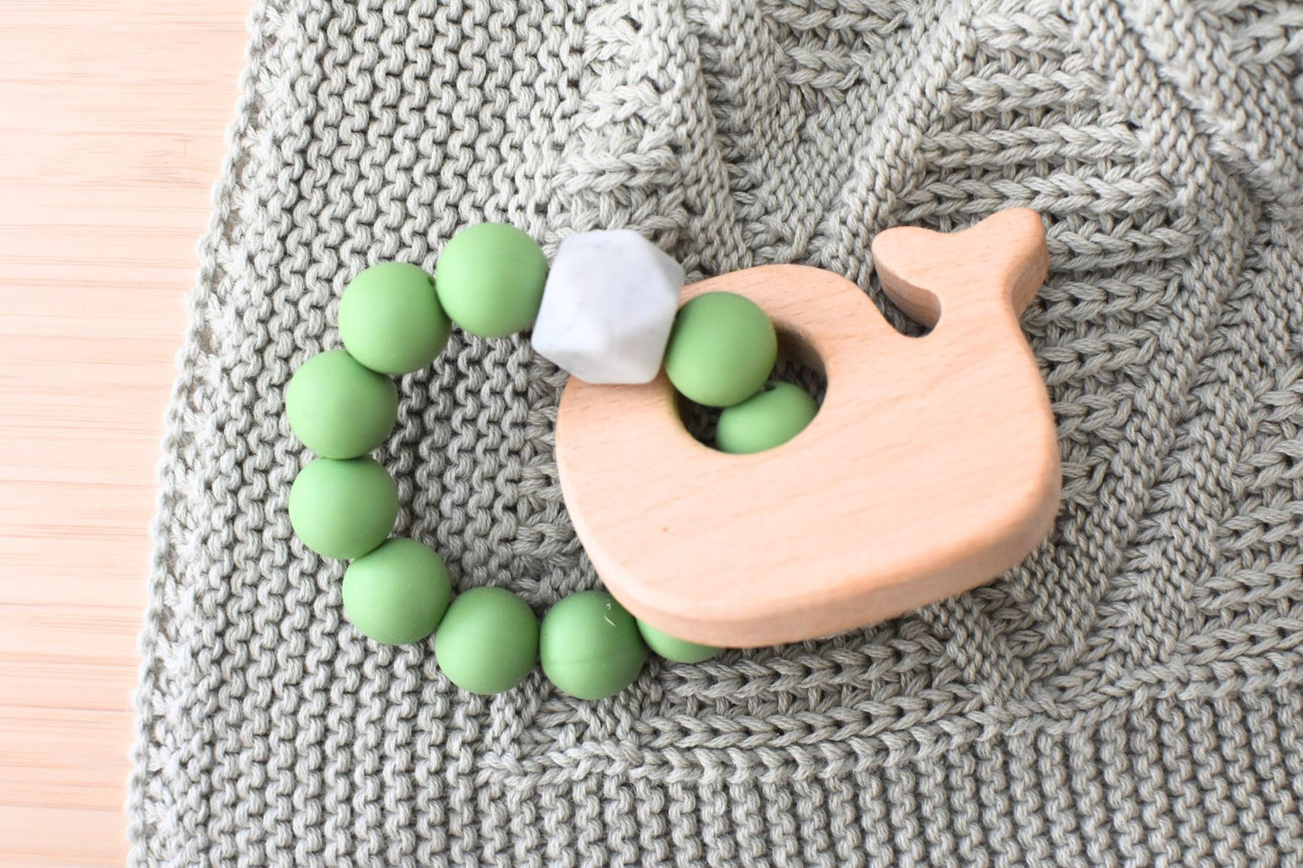 WOODEN SILICONE WHALE TEETHER-GREEN