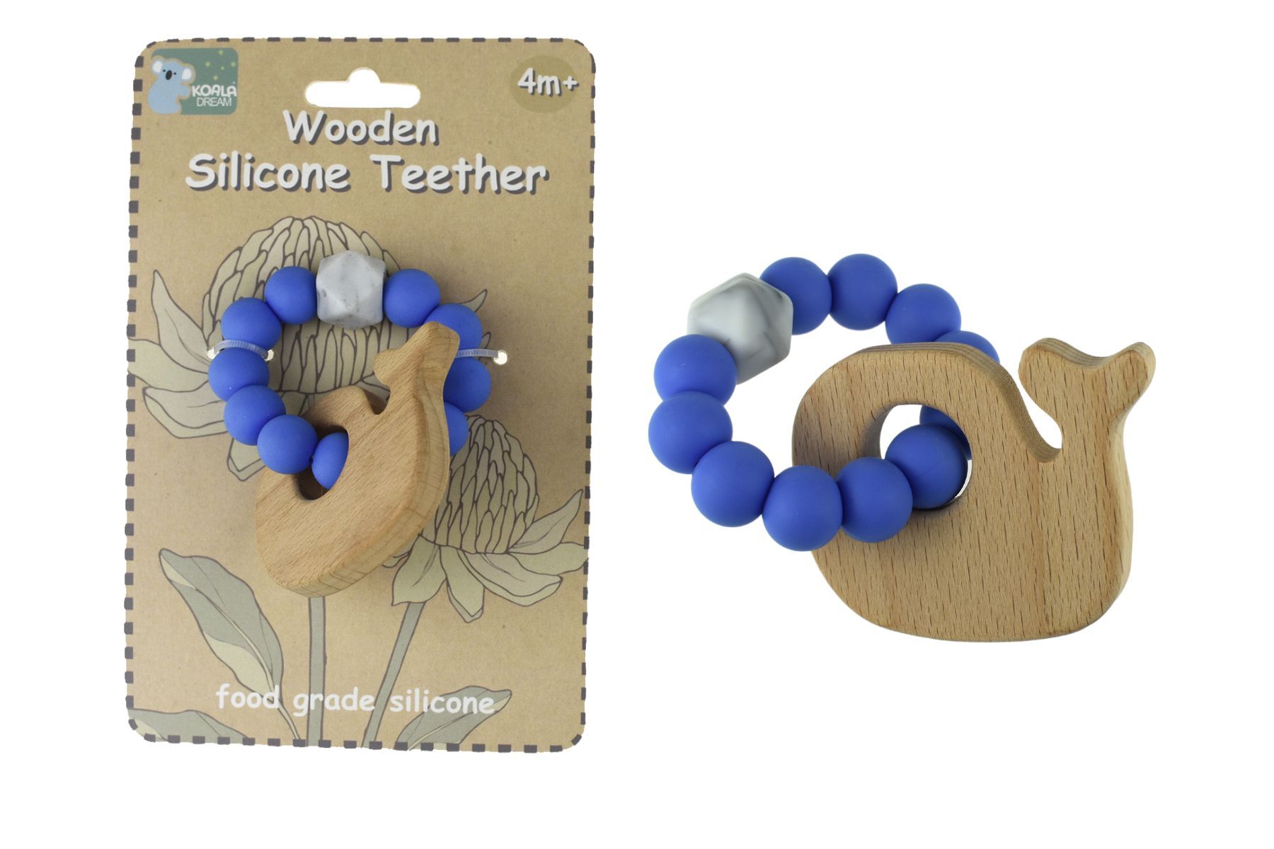 WOODEN SILICONE WHALE TEETHER-BLUE