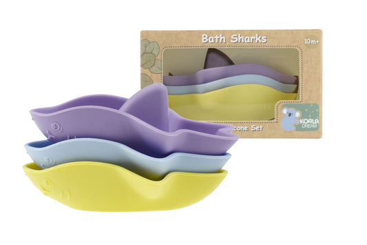 BATH SHARKS SILICONE 3PC SET-YELLOW/PURPLE