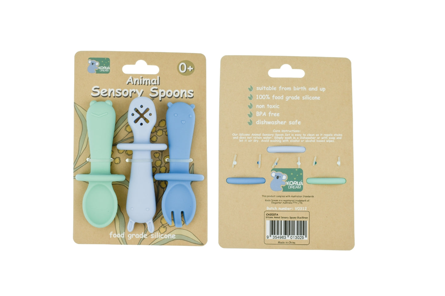 SILICONE ANIMAL SENSORY SPOONS-BLUE GREEN