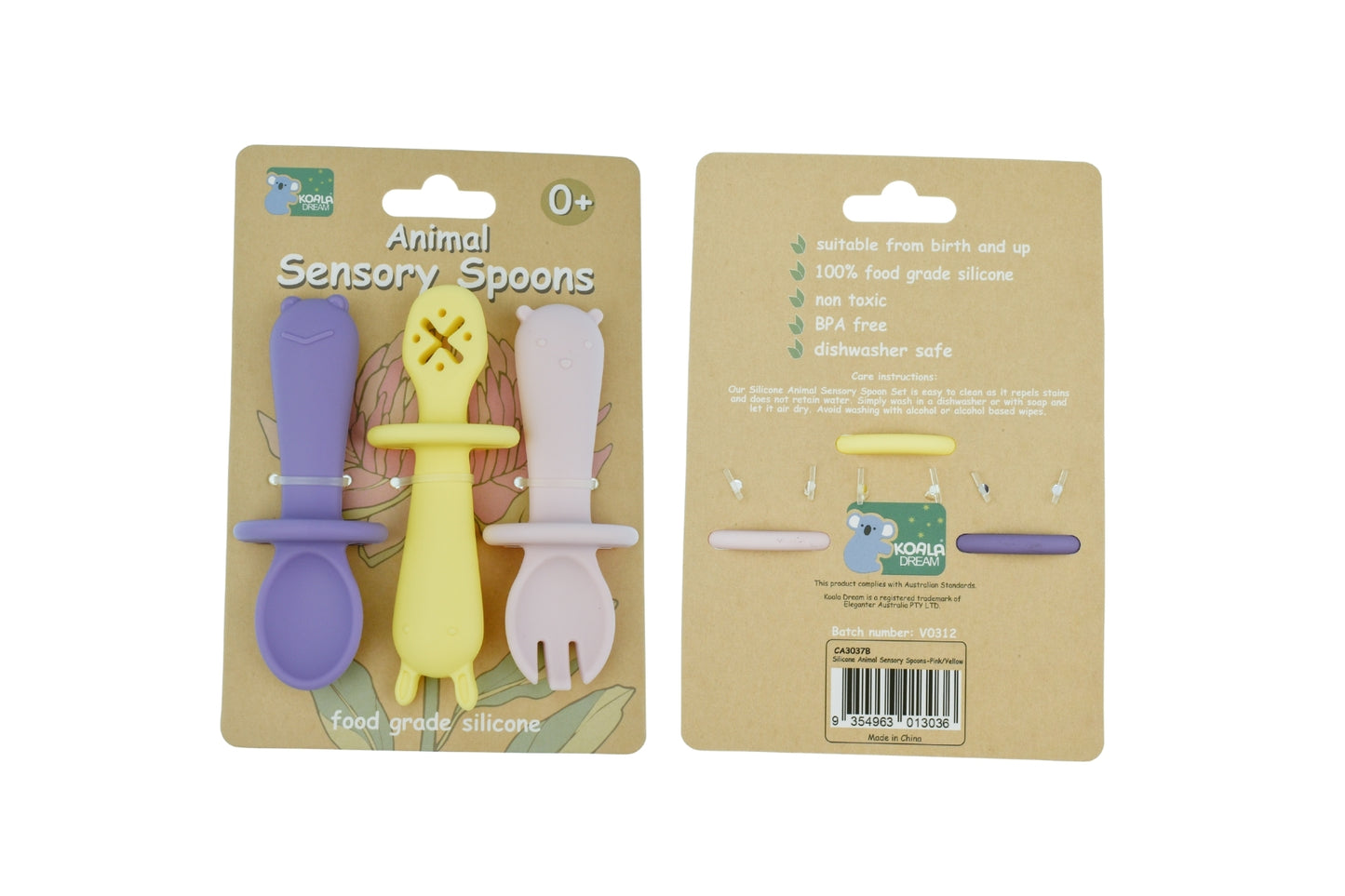 SILICONE ANIMAL SENSORY SPOONS-PINK YELLOW