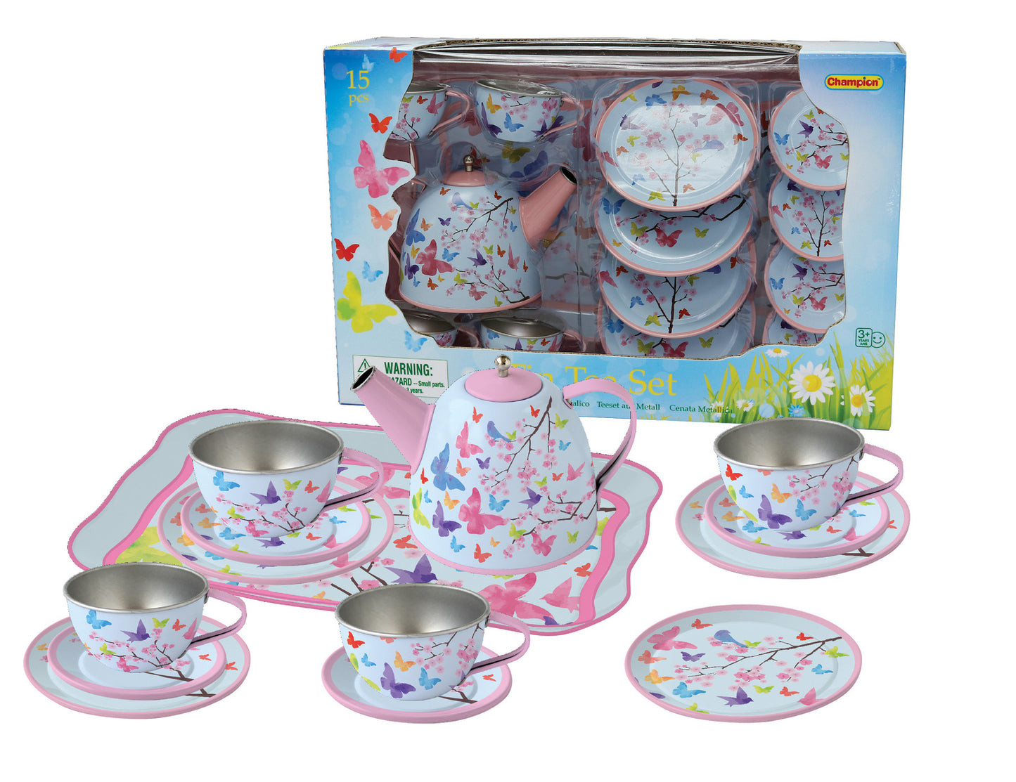 PINK BLOSSOM BUTTERFLY TIN TEA SET 15PCS