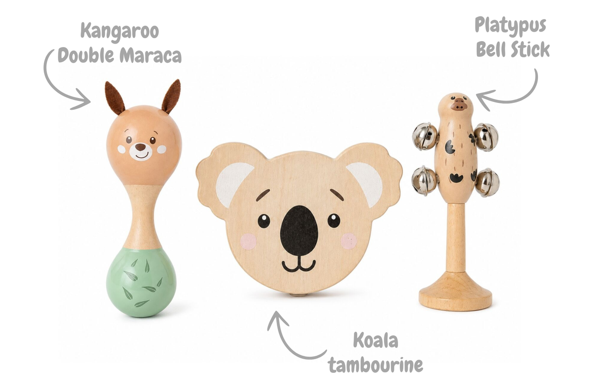 BUSH BUDDIES AUSSIE BEATS MARACA TAMBOURINE BELL STICK SET