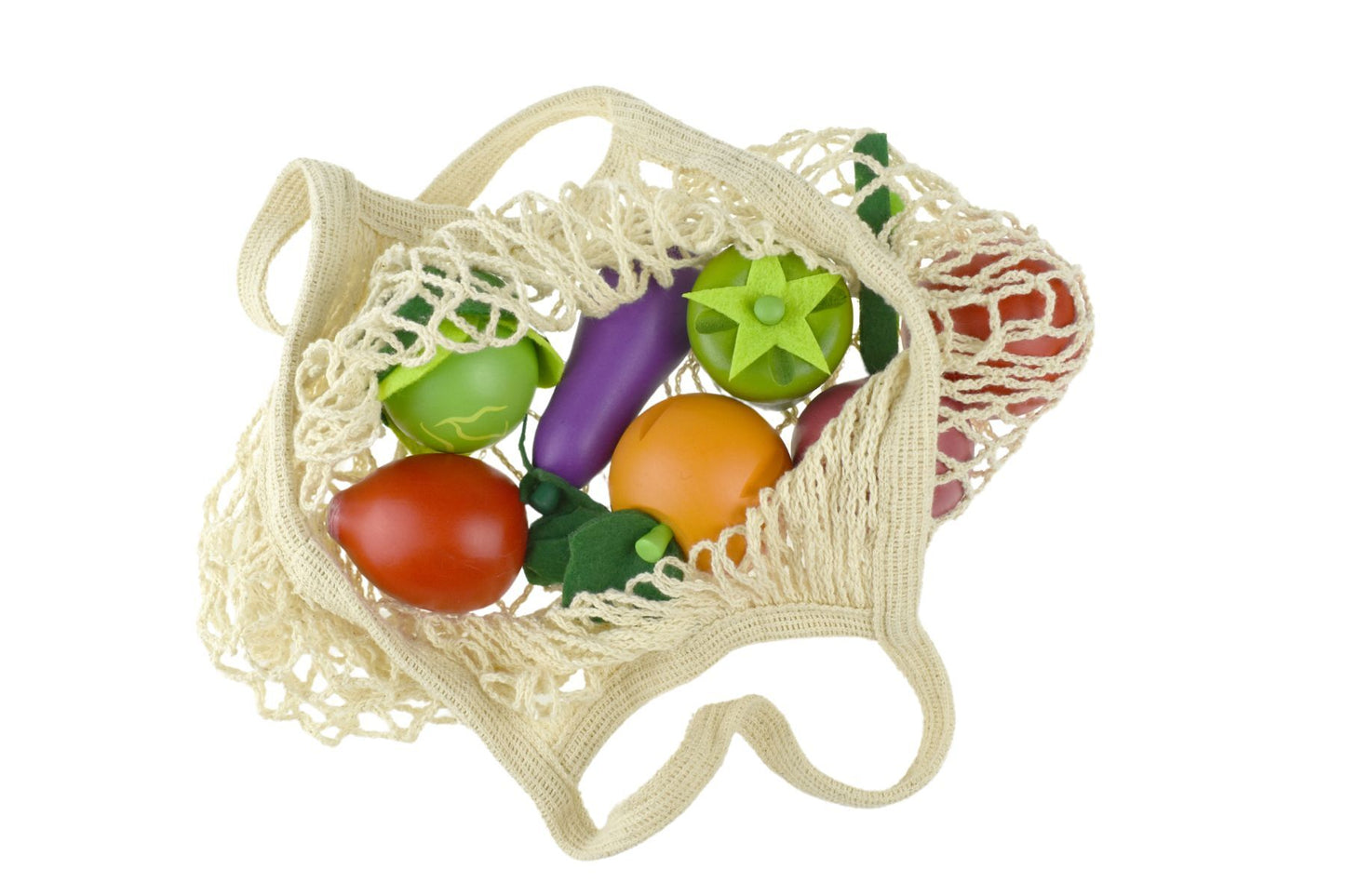 WOODEN VEGETABLES 7-PC SET WITH COTTON MESH SHOPPING BAG