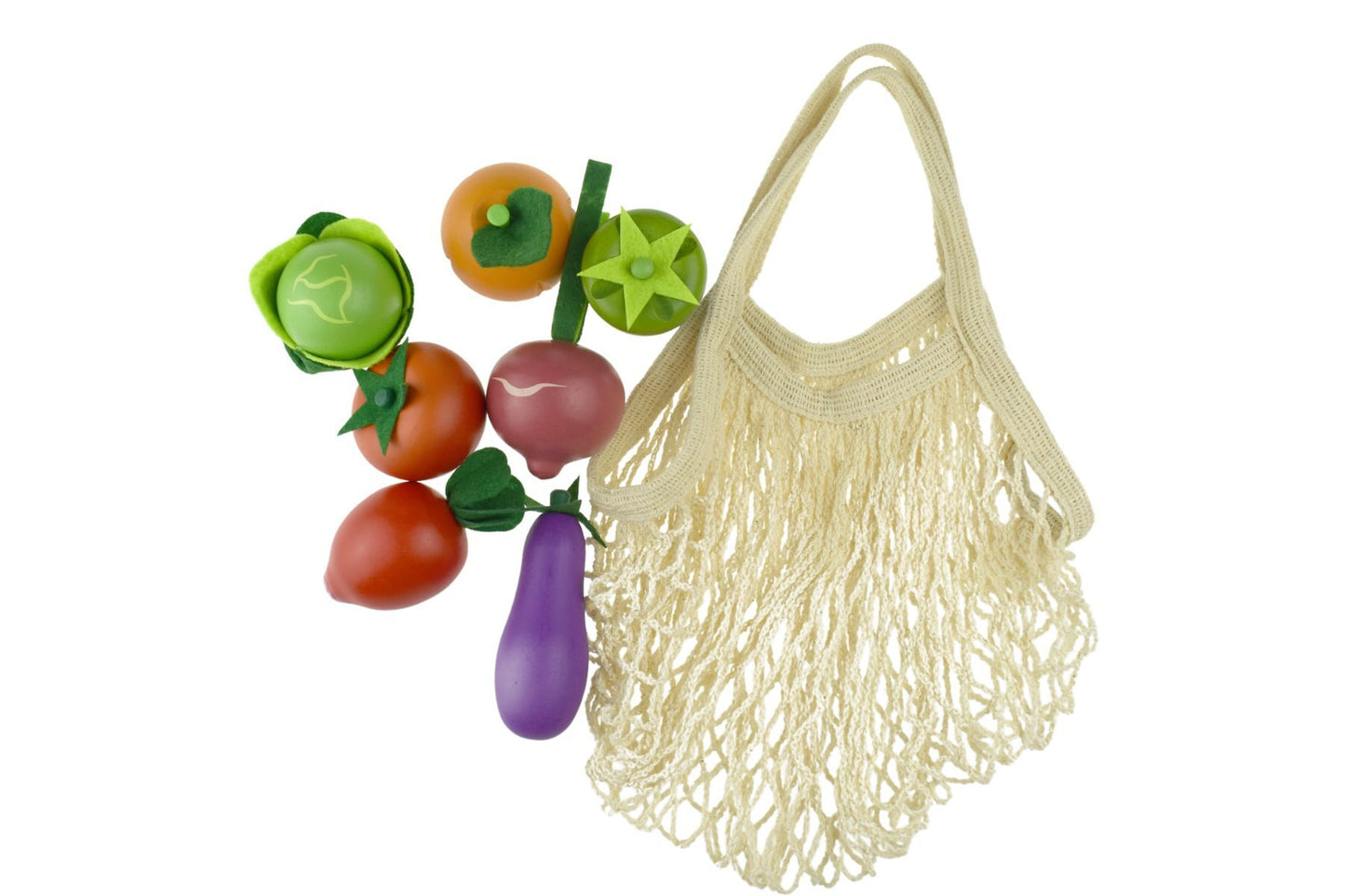 WOODEN VEGETABLES 7-PC SET WITH COTTON MESH SHOPPING BAG