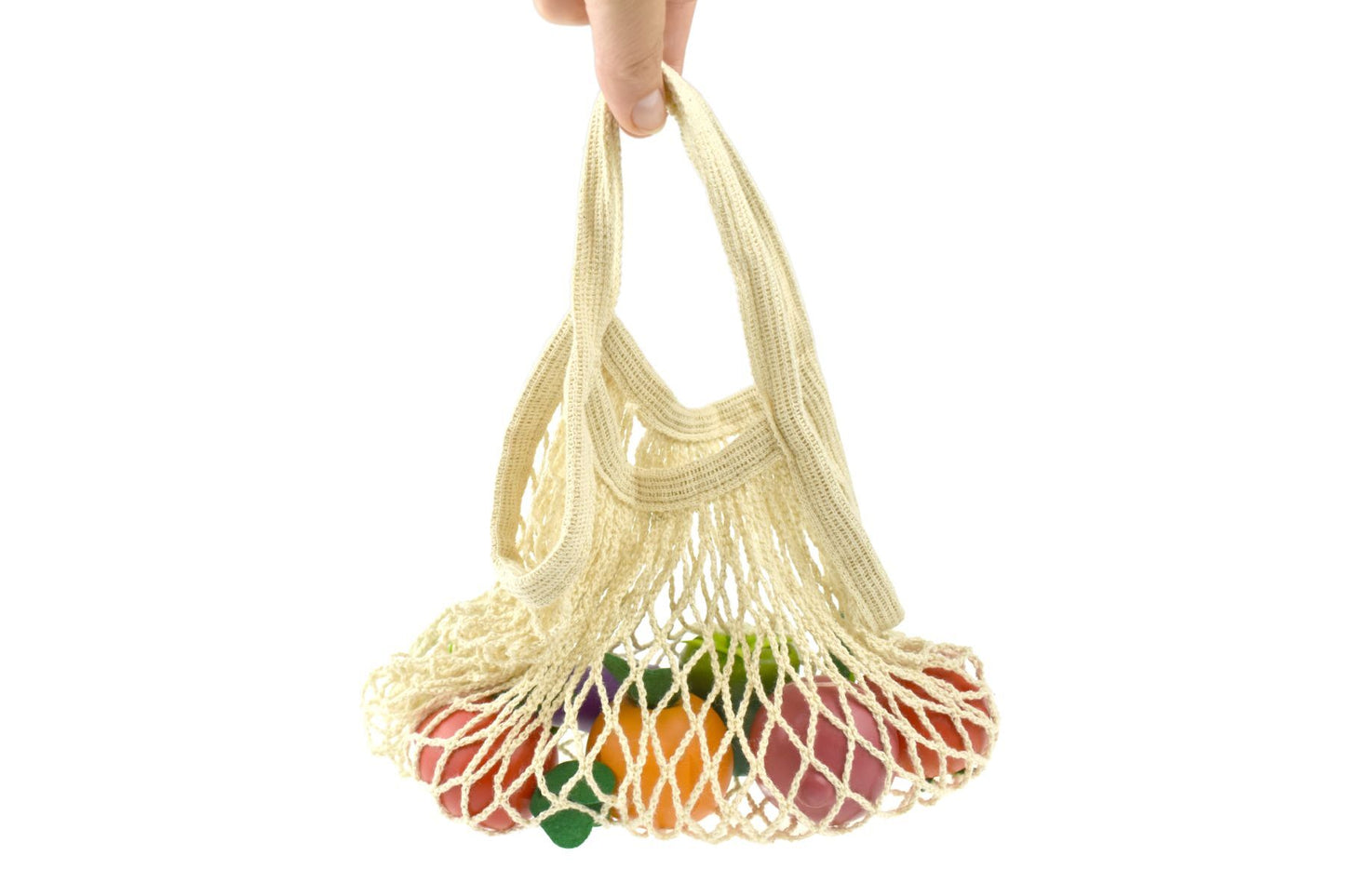 WOODEN VEGETABLES 7-PC SET WITH COTTON MESH SHOPPING BAG