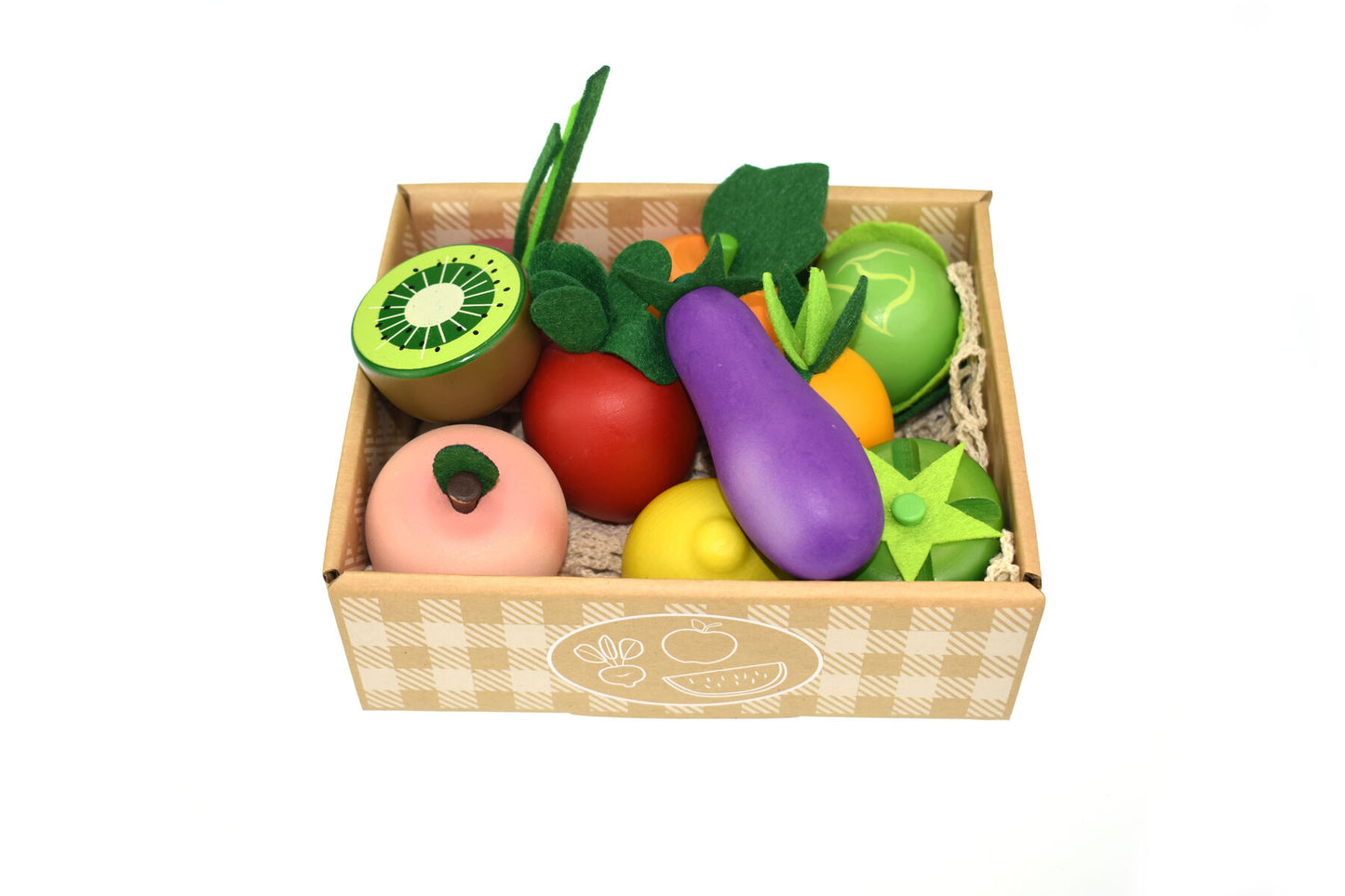 WOODEN FRUIT & VEGETABLES 10PC SET WITH COTTON MESH SHOPPING BAG