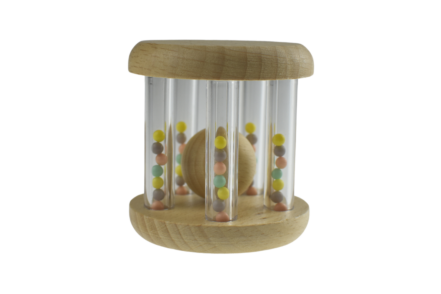 CALM & BREEZY WOODEN RATTLE WITH RAINBOW BEAD