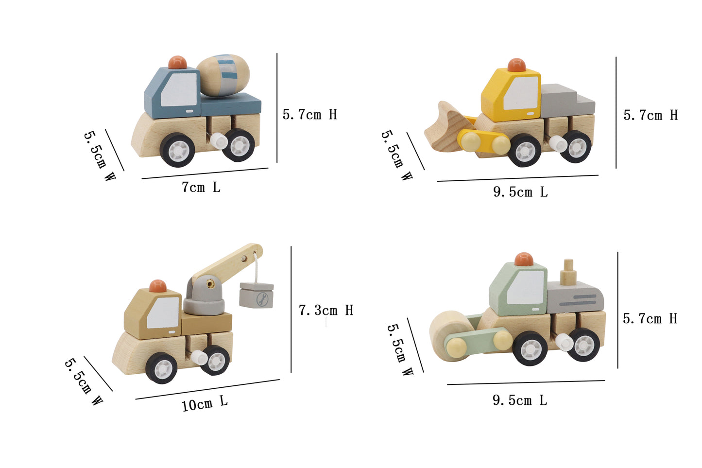 WOODEN WIND UP CONSTRUCTION TRUCK SET OF 4