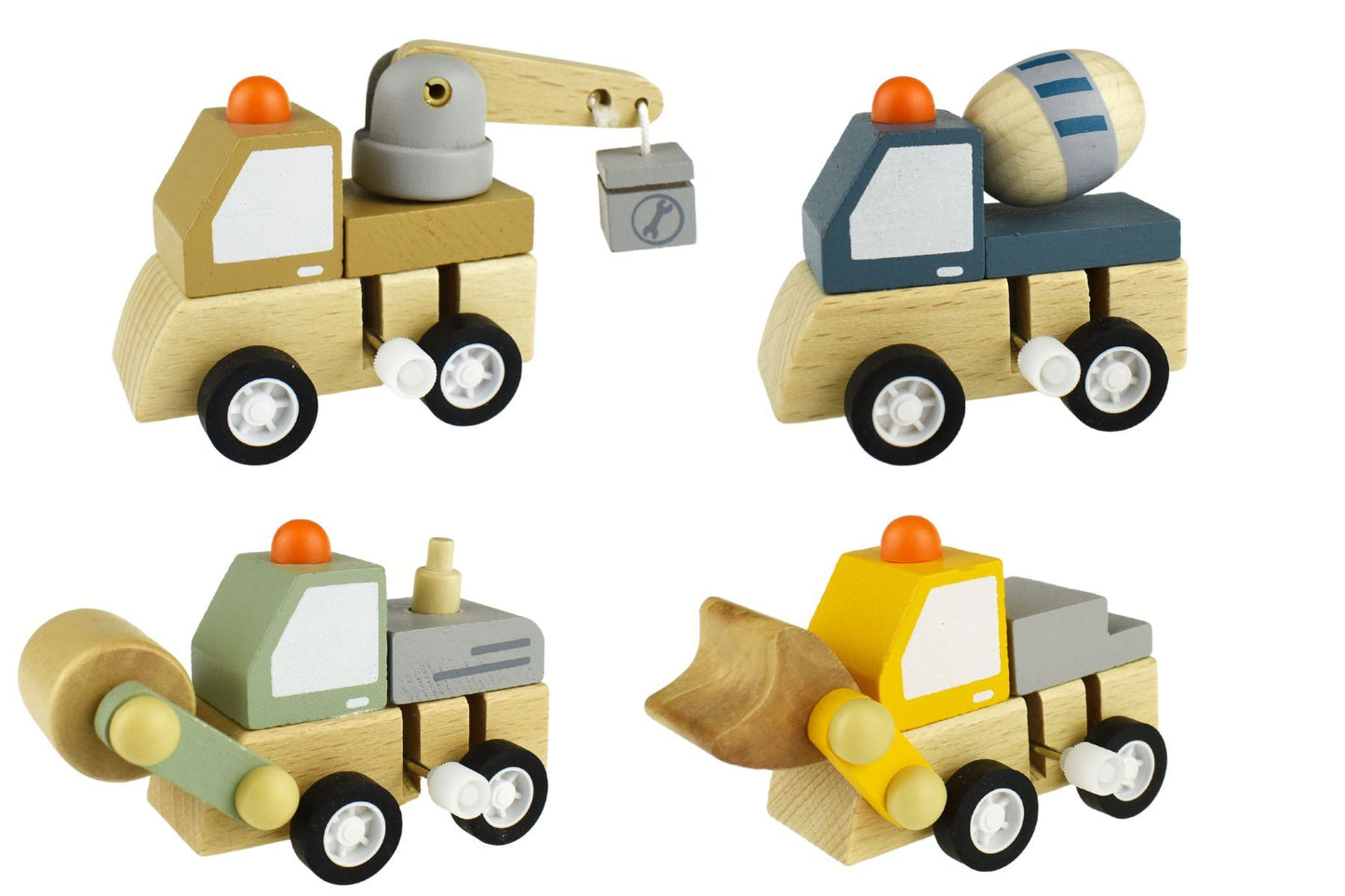 WOODEN WIND UP CONSTRUCTION TRUCK SET OF 4