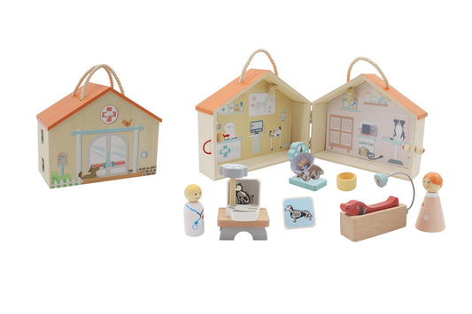 WOODEN PORTABLE VETERINARY PET HOSPITAL PLAYSET