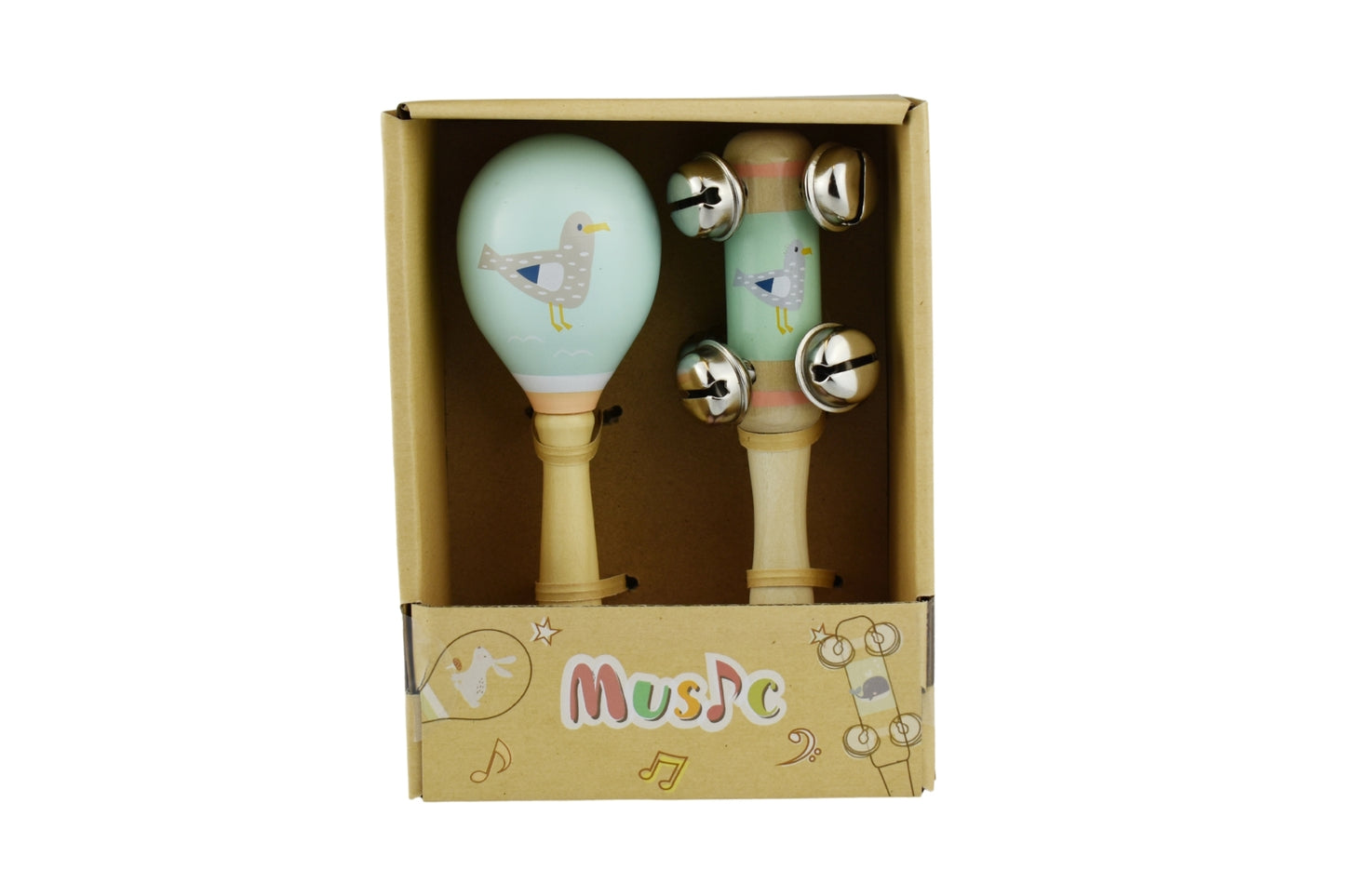 CALM & BREEZY SEAGULL WOODEN MARACA & BELL STICK 2PC MUSIC SET