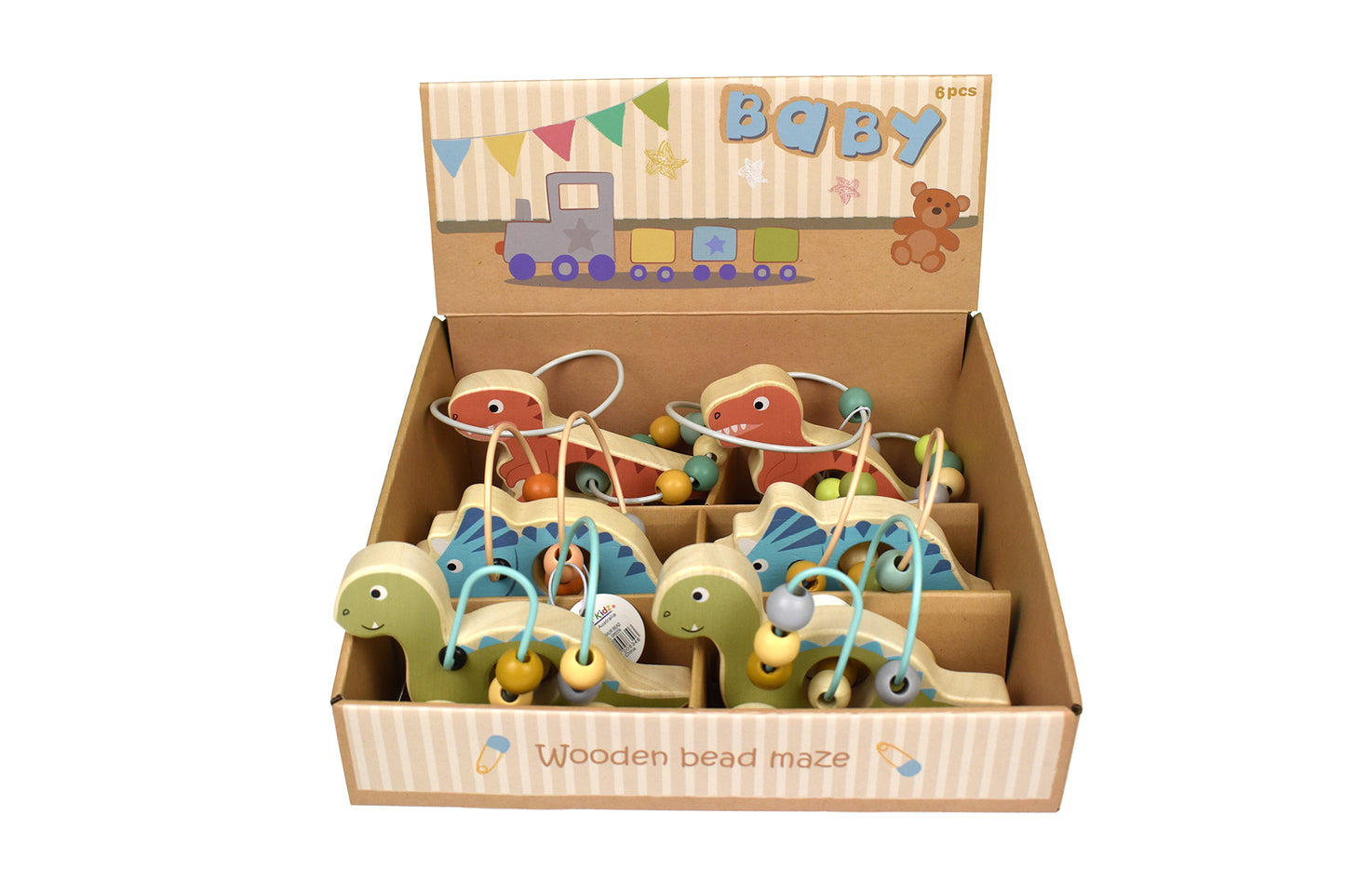 WOODEN DINOSAUR BEAD MAZE ON WHEEL BLUE