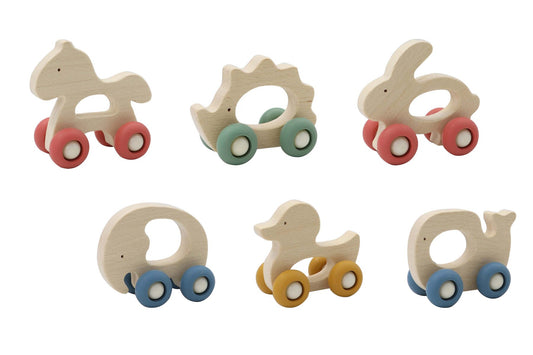 WOODEN GRIP ANIMAL WITH SILICONE WHEELS PACK OF 6