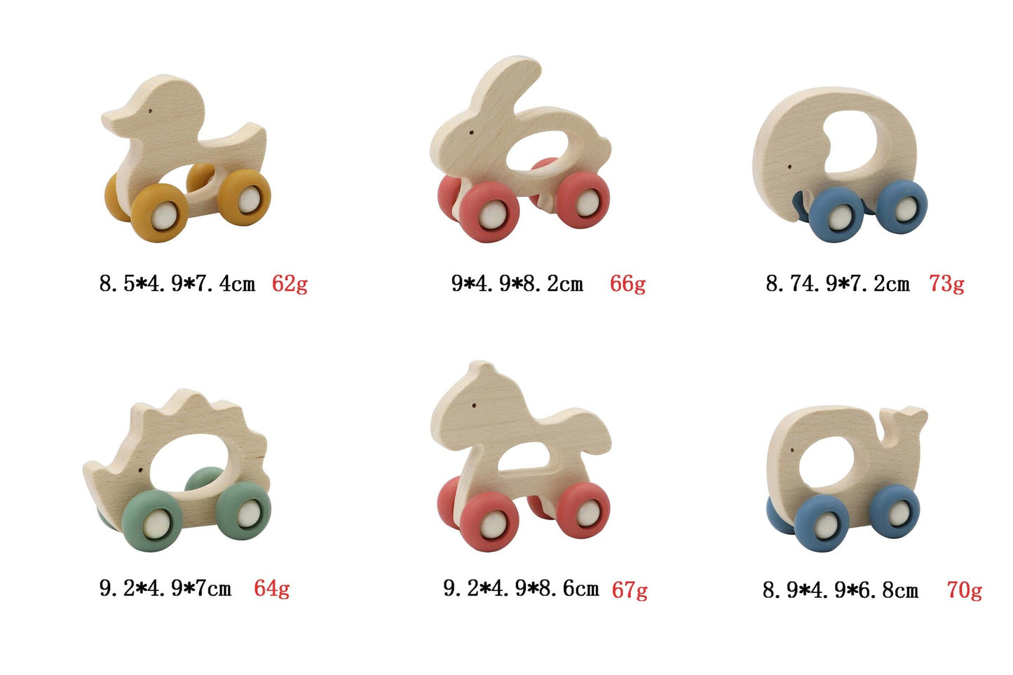 WOODEN GRIP ANIMAL WITH SILICONE WHEELS PACK OF 6