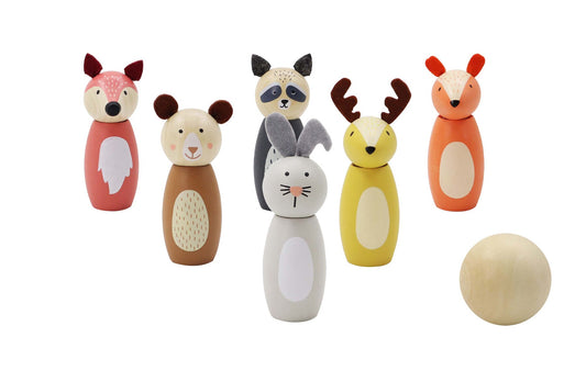 WOODEN ANIMAL BOWLING SET SKITTLES