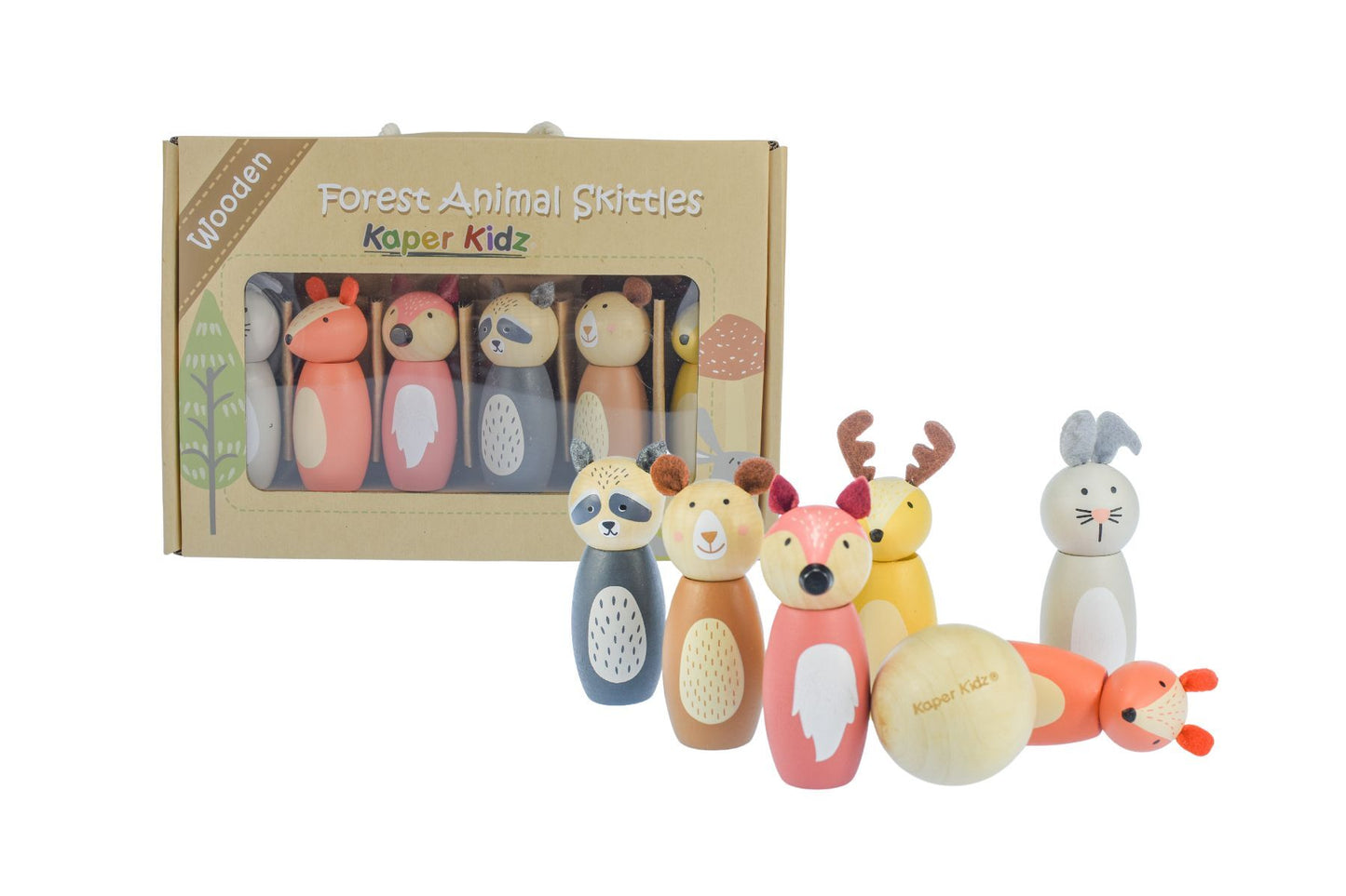 WOODEN ANIMAL BOWLING SET SKITTLES