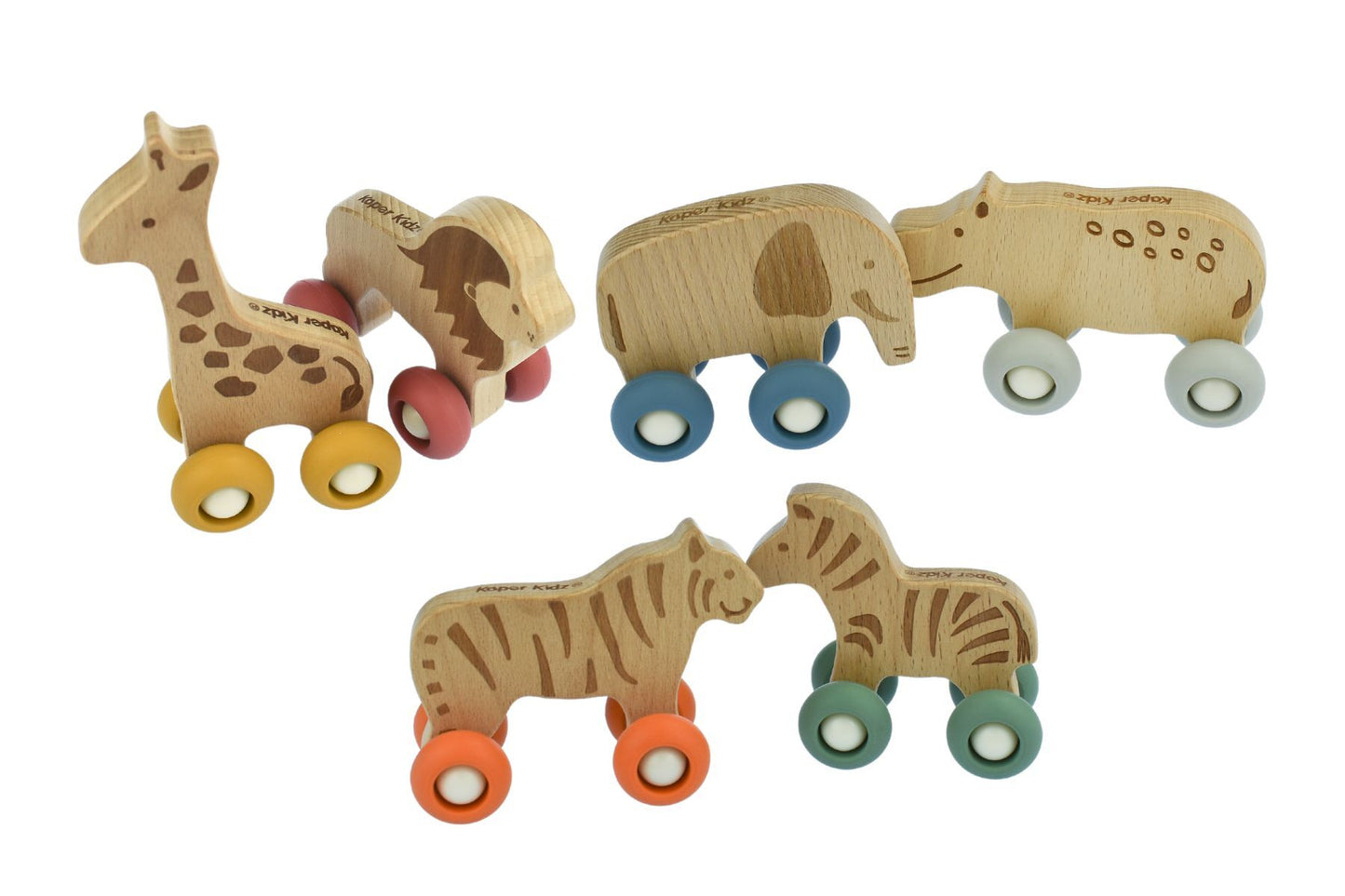 WILDLIFE WOODEN ANIMAL WITH SILICONE WHEELS PACK OF 6