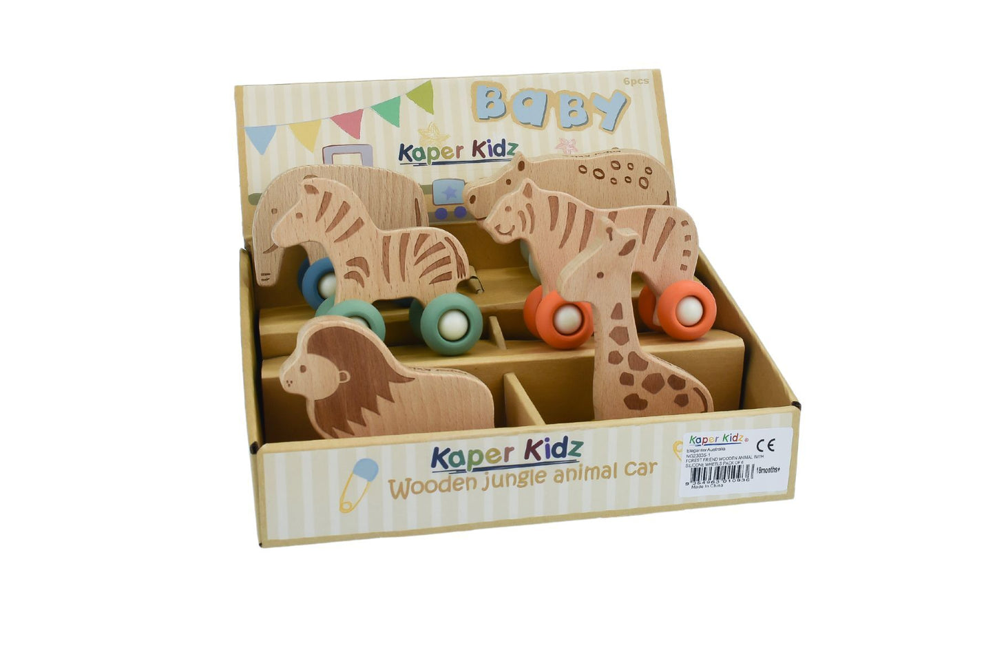 WILDLIFE WOODEN ANIMAL WITH SILICONE WHEELS PACK OF 6