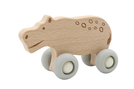 WOODEN HIPPOPOTAMUS WITH SILICONE WHEELS