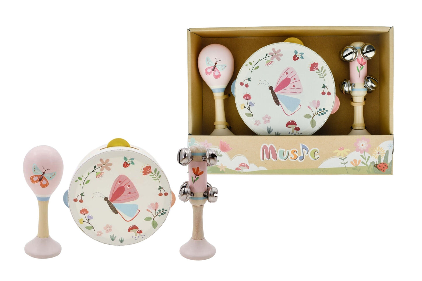 WOODEN SPRING INSECT BUTTERFLY MUSIC 3 PCS SET