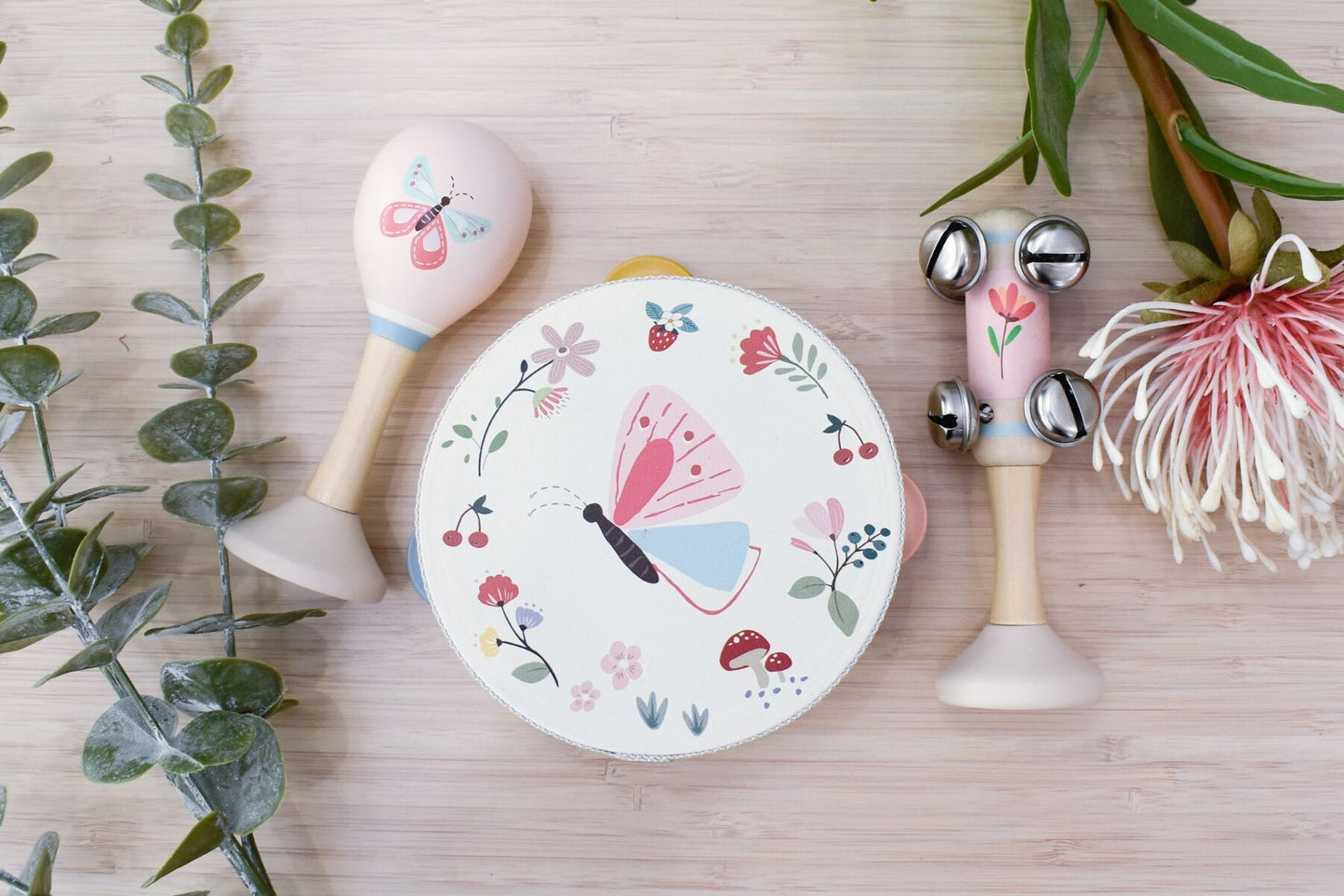 WOODEN SPRING INSECT BUTTERFLY MUSIC 3 PC SET