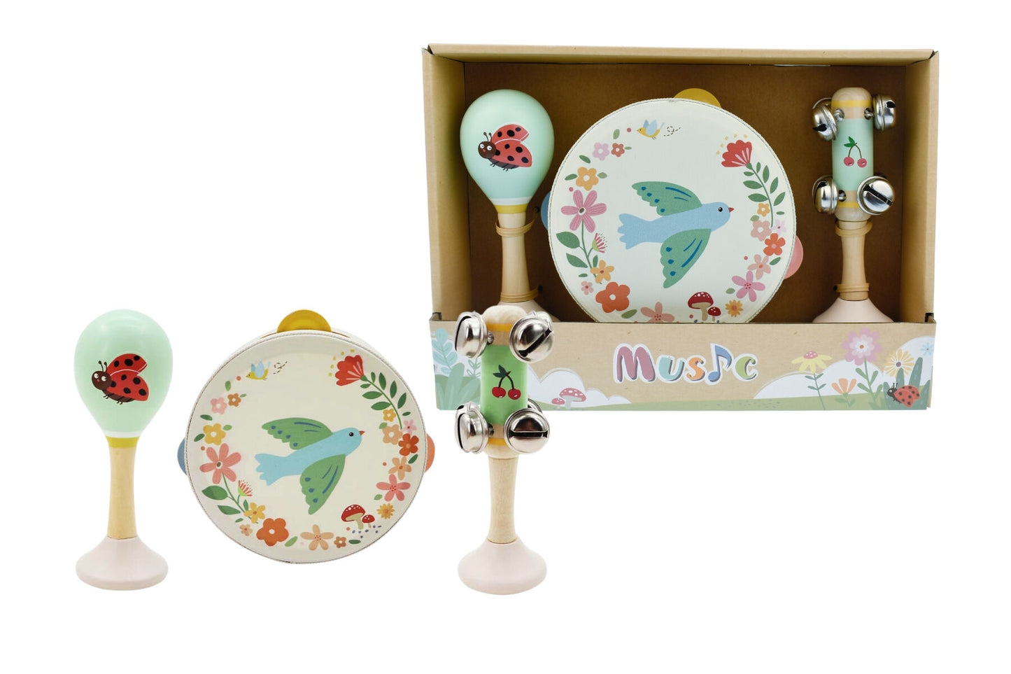 WOODEN SPRING INSECT BIRD MUSIC 3 PCS SET