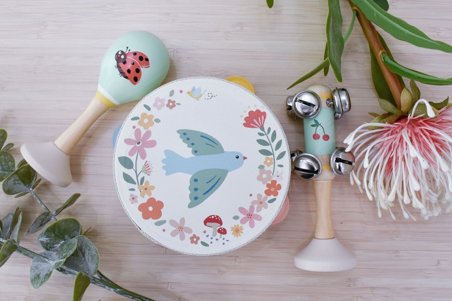 WOODEN SPRING INSECT BIRD MUSIC 3 PC SET