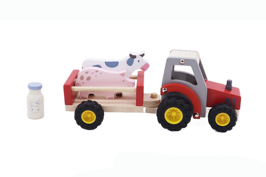 WOODEN TRACTOR WITH FARM ANIMAL RED