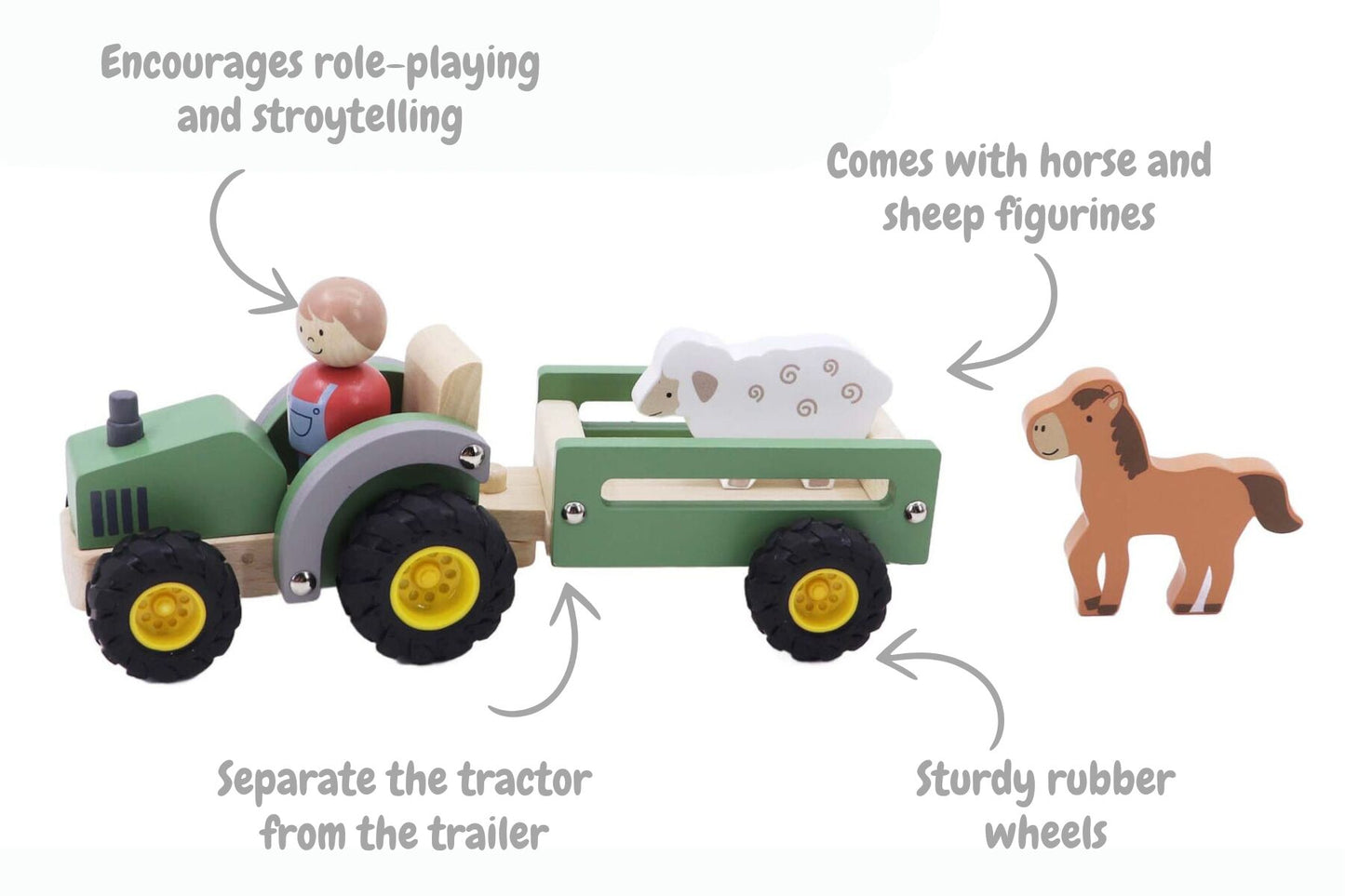 WOODEN TRACTOR WITH FARM ANIMAL GREEN