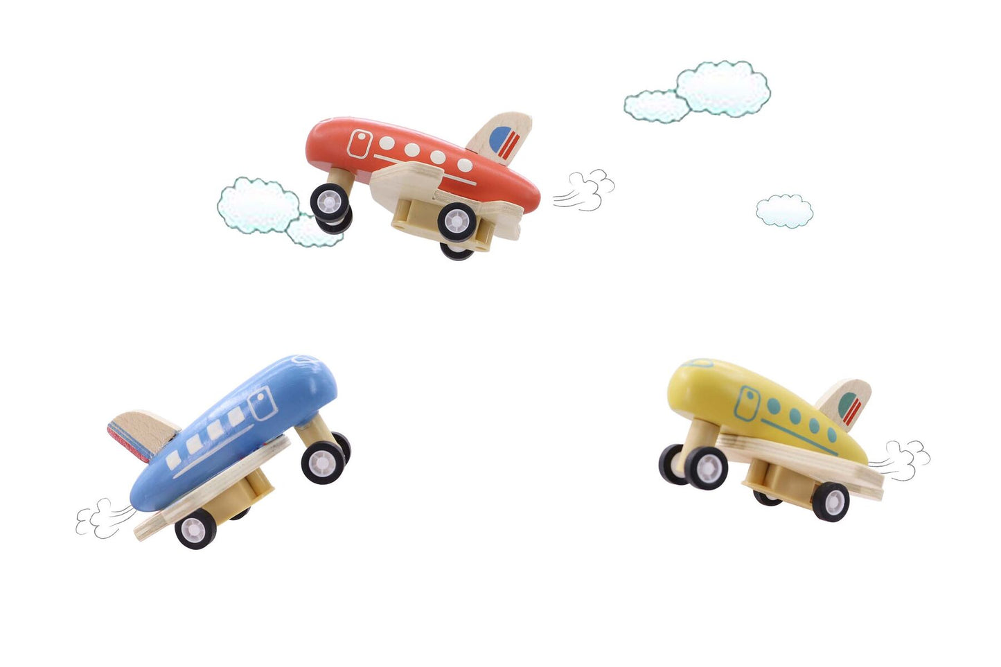 WOODEN PULL BACK AIRLINER 3PC