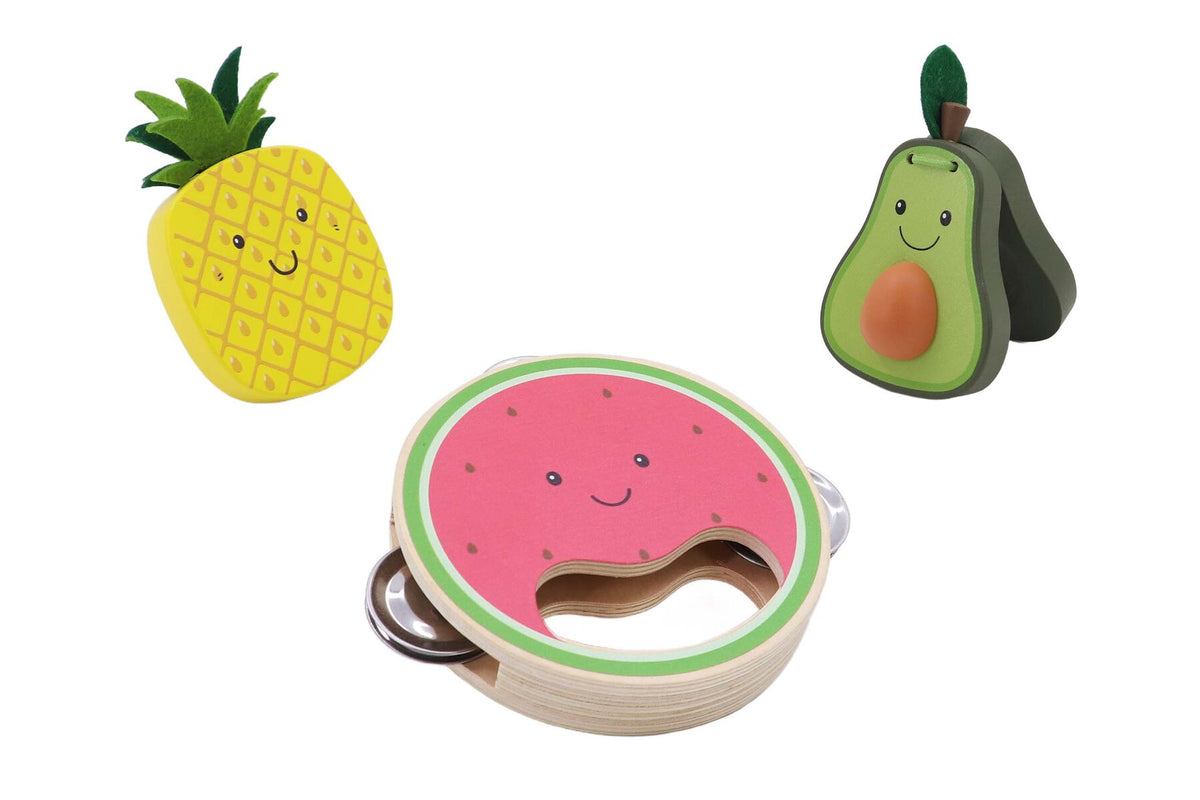 WOODEN FRUIT 3PCS MUSICAL SET WATERMELON PINEAPPLE & AVOCADO