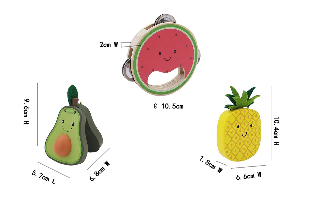 WOODEN FRUIT 3PCS MUSICAL SET WATERMELON PINEAPPLE & AVOCADO