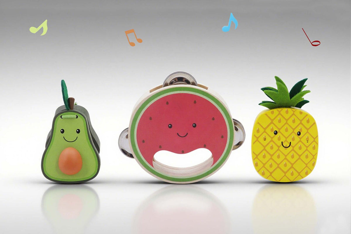 WOODEN FRUIT 3PCS MUSICAL SET WATERMELON PINEAPPLE & AVOCADO