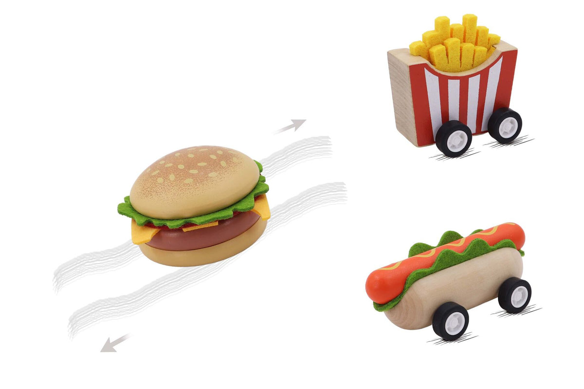 WOODEN PULL BACK FAST FOOD SET OF 3