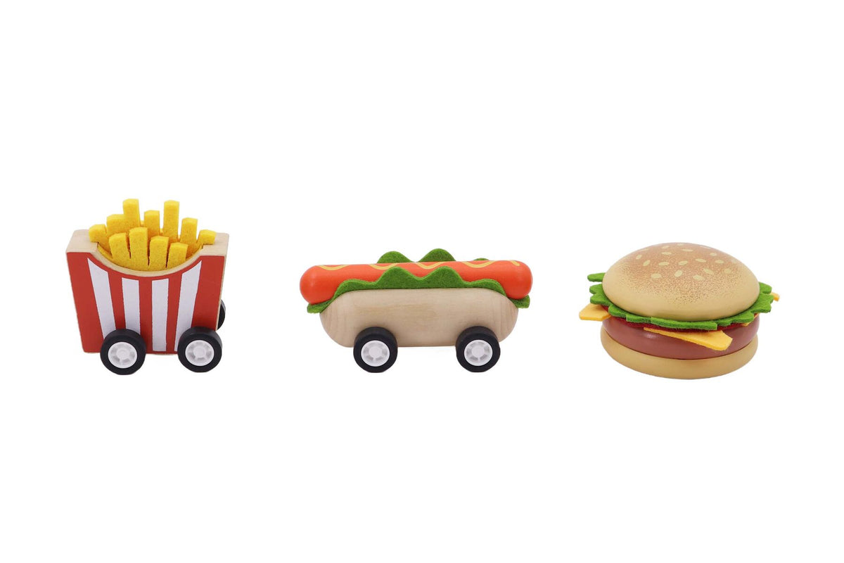 WOODEN PULL BACK FAST FOOD SET OF 3