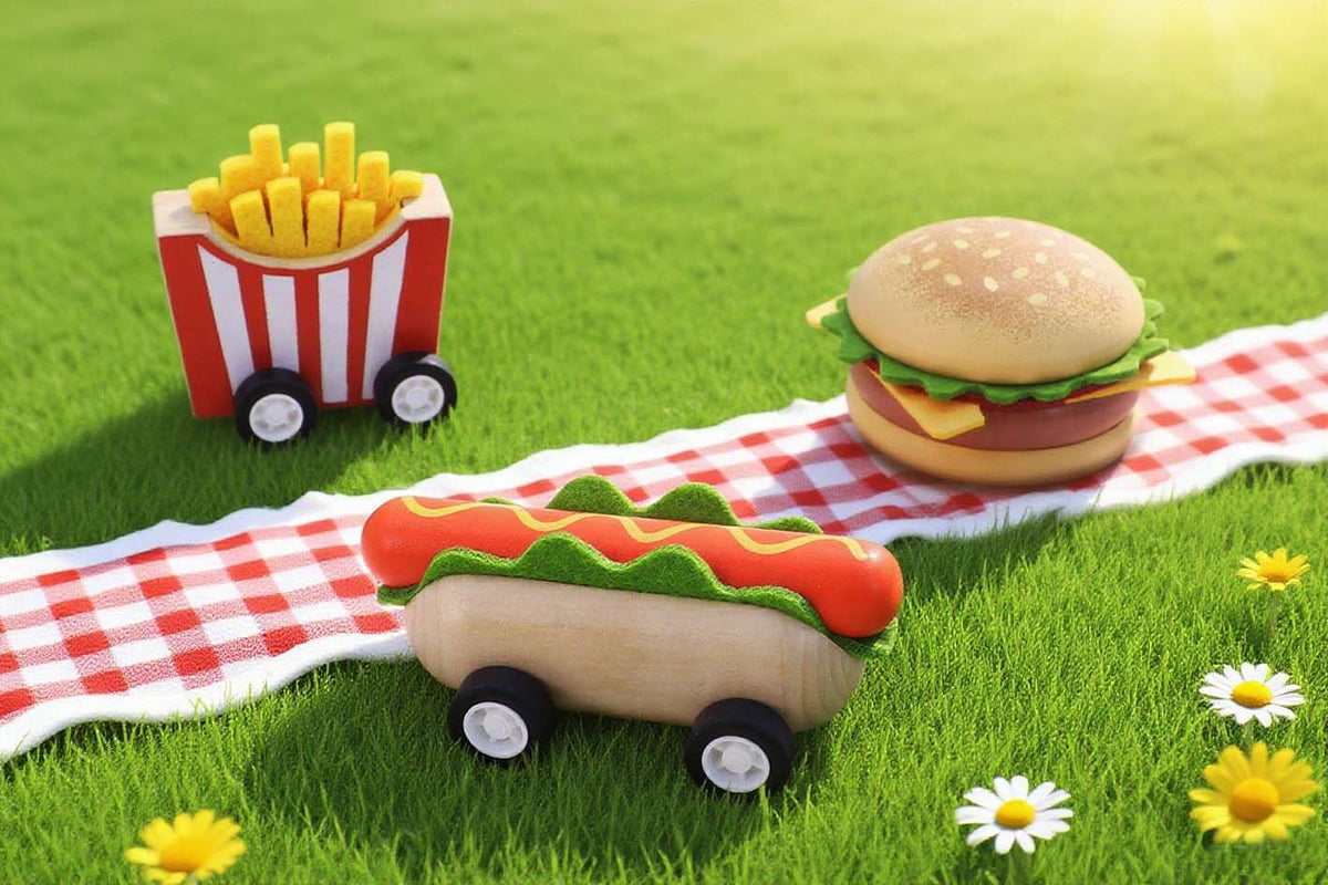 WOODEN PULL BACK FAST FOOD SET OF 3