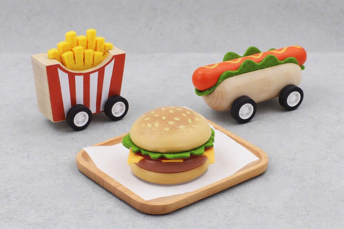 WOODEN PULL BACK FAST FOOD SET OF 3
