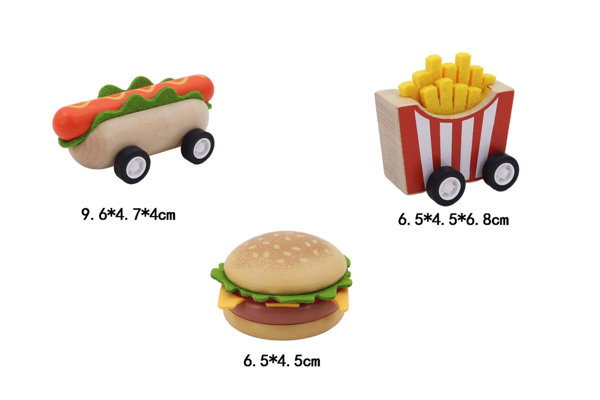 WOODEN PULL BACK FAST FOOD SET OF 3