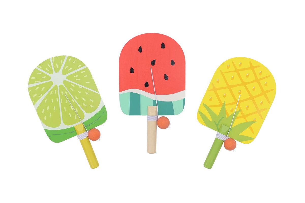 WOODEN TROPICAL FRUIT PADDLE BALL GAME SET OF 3