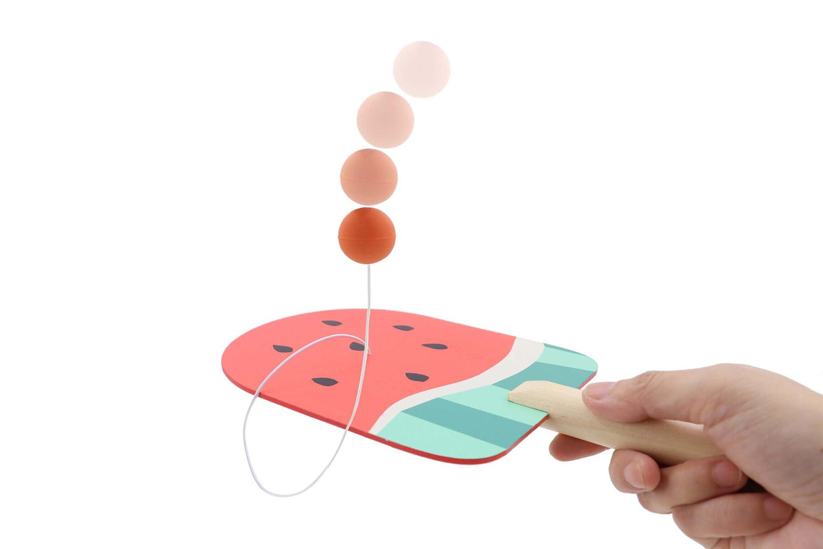 WOODEN TROPICAL FRUIT PADDLE BALL GAME SET OF 3